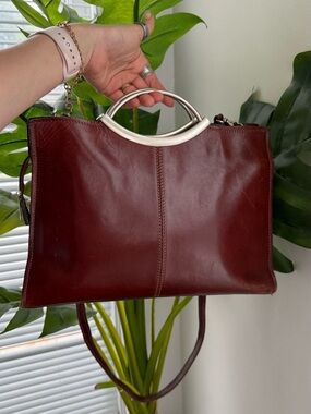Classic Burgundy Leather Satchel with Silver-Tone Top Handle